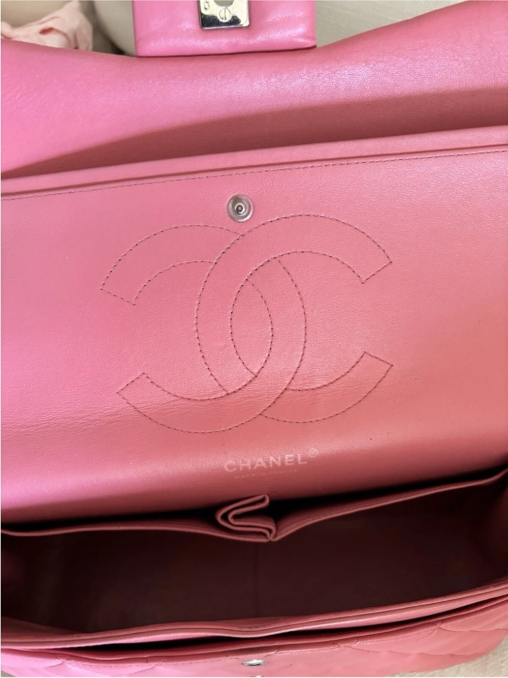 CHANEL Jumbo Pink Quilted Lambskin Shoulder Flap Bag with Silver Hardware - Picture 11 of 17